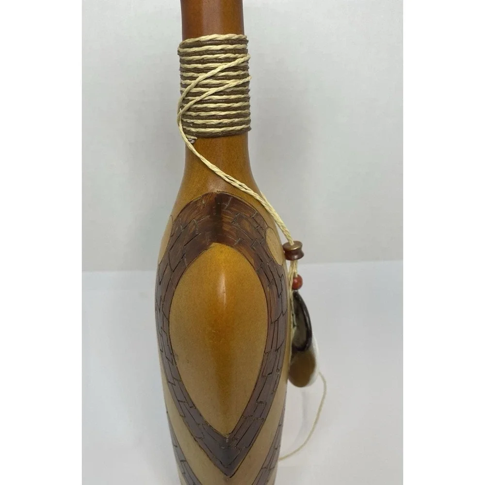 Vtg. MCM Large Polystone Vase Bottle Faux Wood Beaded Cabin Rustic Decor Rare